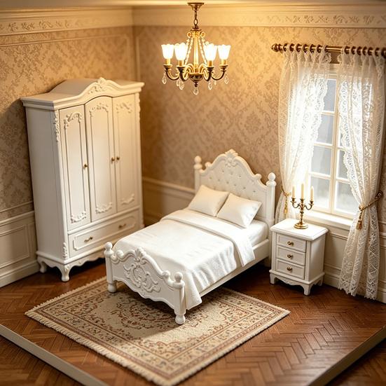 Retro Miniature Bed, Vintage Style Mini Double Bed, Miniature Furniture Tiny Bed for 1/12 Scale Doll Mansion Miniature Room Decoration