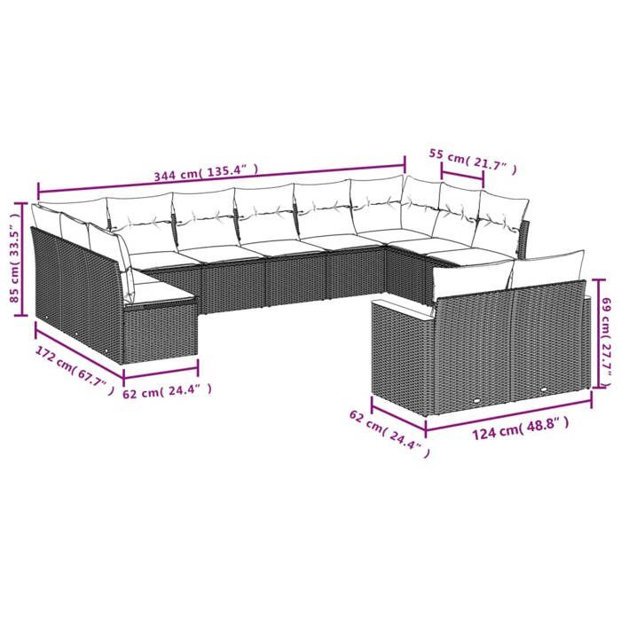 VidaXL Salon de Jardin avec Coussins 12 pcs, Canapés de Terrasse, Ensemble de Meubles de Patio, Mobilier d'Extérieur, 3226444