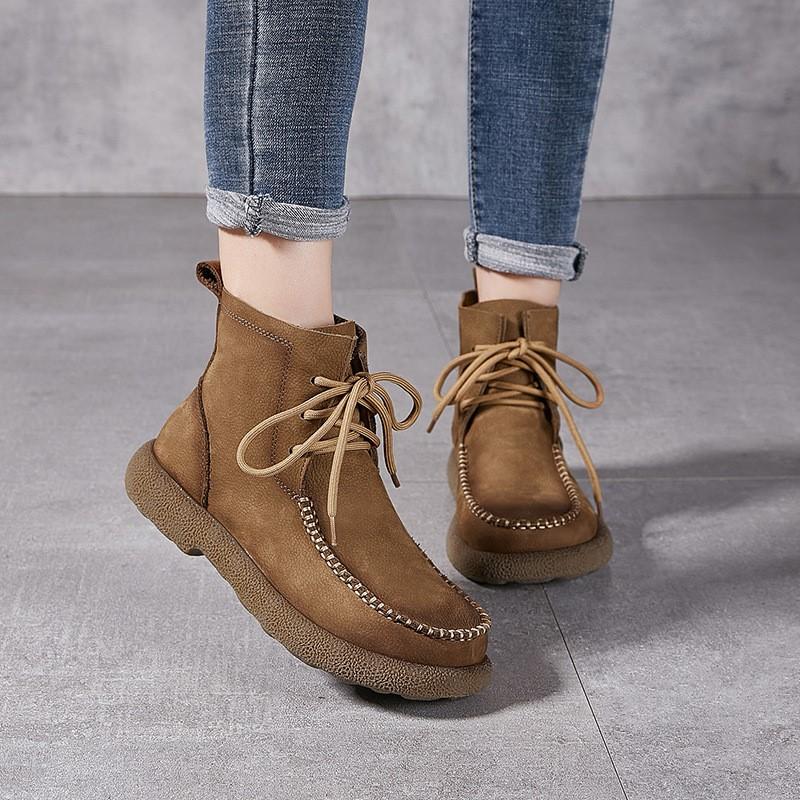 Johnature Retro Women's Ankle Boots Thick Soled Genuine Leather Lace Up Handmade Cowhide Short Boots