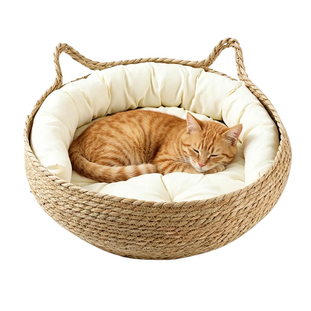 Woven Pet Cat Nest Bed Natural Breathable Portable Washable Nests Cat Ears Shape Pet Bed With Washable Cushion for Sleeping