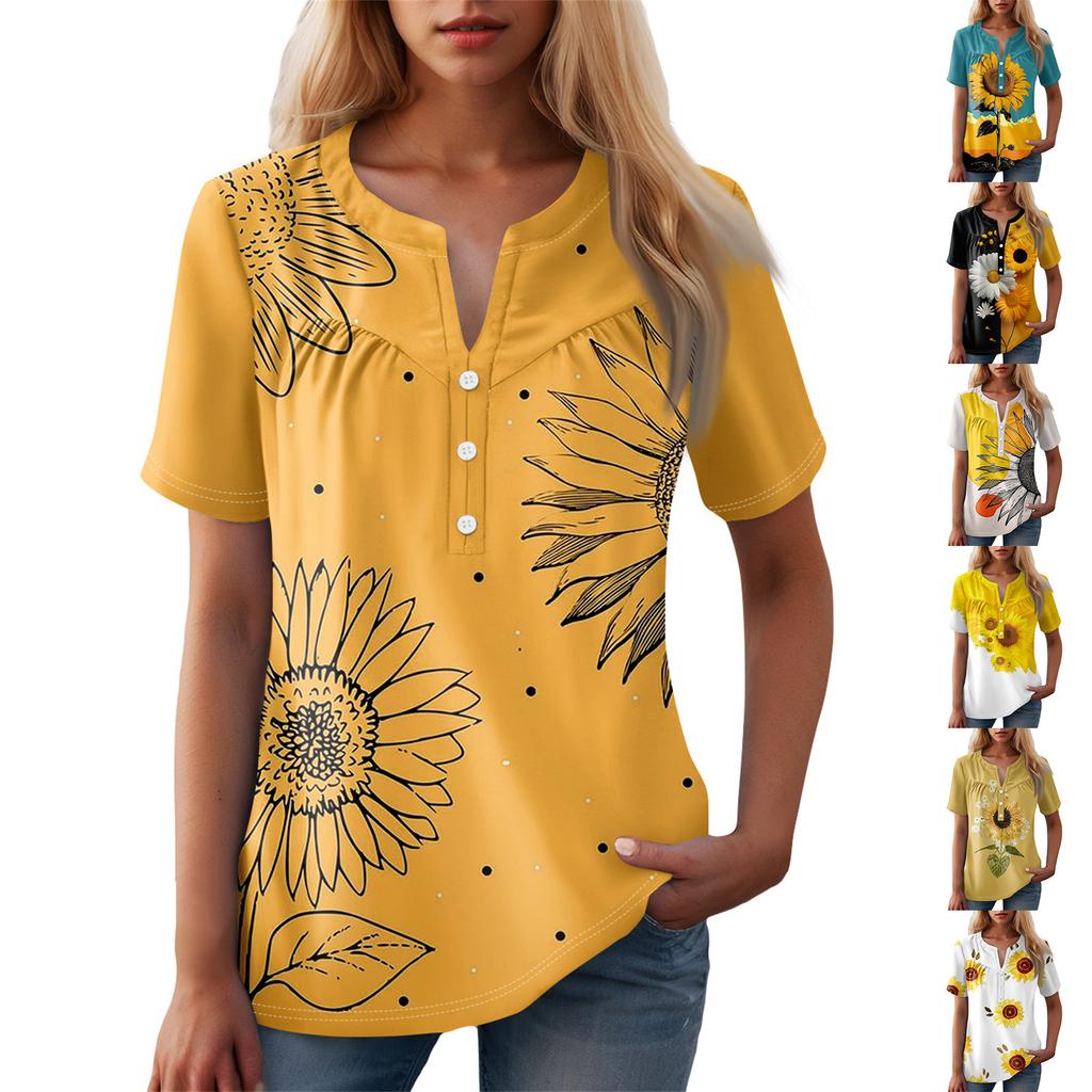 Dámské ležérní tričko s květinovým potiskem, výstřih do V, krátký rukáv, ozdobný knoflík