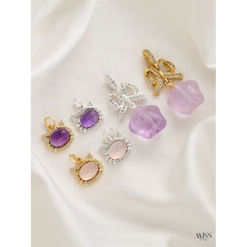 

Натуральный аметист агат с медным покрытием из настоящего золота, толстое серебро, высокая цветостойкость, кулон-бантик Hello Kitty, DIY подвесные ювелирные аксессуары Silver natural agate KT cat pendant 1