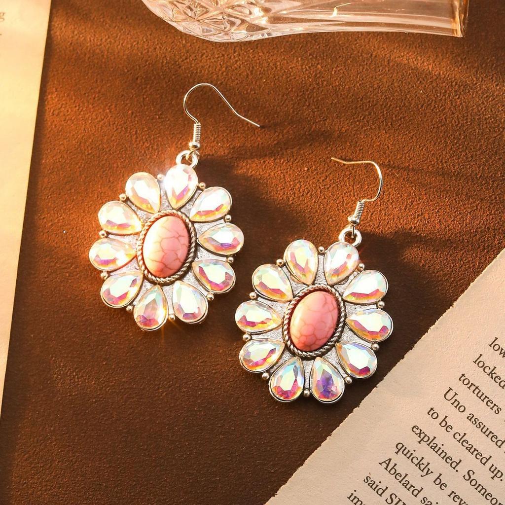 Creative Colored Diamond Earrings, High-End Retro Turquoise Flower Earrings, Bohemian Fashion Earrings.