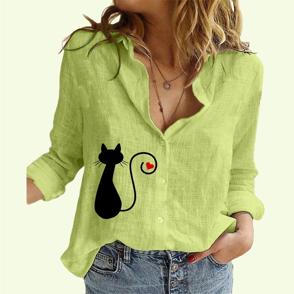 Women Lapel Neck Fashion Shirt Spring&Autumn Cotton Linen Top Ladies Casual Summer Print Blouse