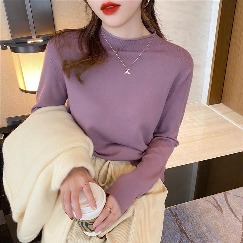 Ladies autumn winter Long Sleeve stand Collar slim fit Basic Solid Color Pullover T Shirt Top for Layering