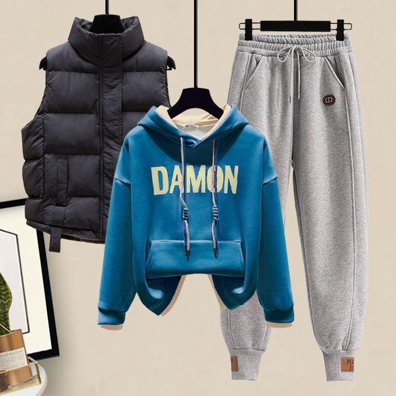 Plysj Tykk Hettevest Casual Sportbukser Moteriktig Student Sportssett Vinter Treningsdress Antrekk