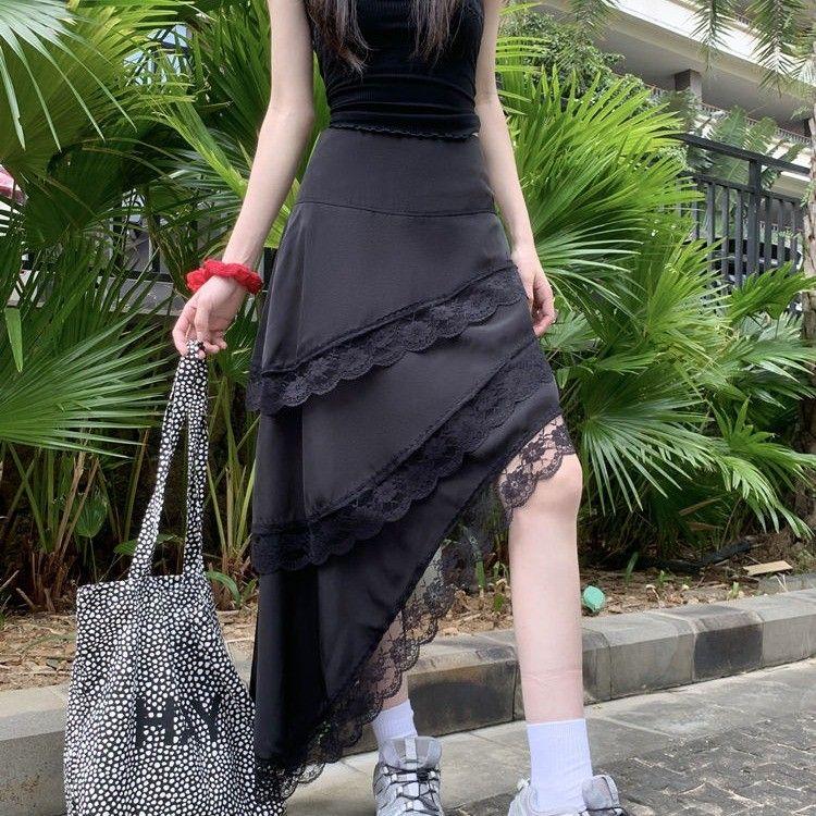 White Lace Trim Midi Skirt for Women - Summer Asymmetric Hem Tiered Cake Skirt with Ruffle Details