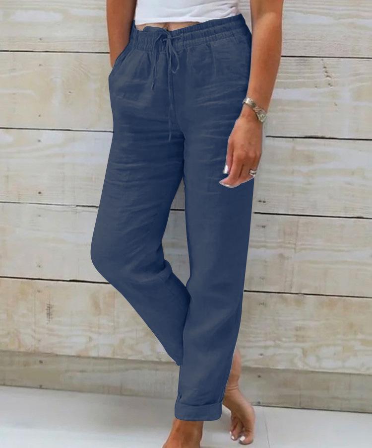 2024 Summer Elastic Waist Cotton Linen Wide-Leg Pants – Women's Loose-Fit Solid Color Trousers