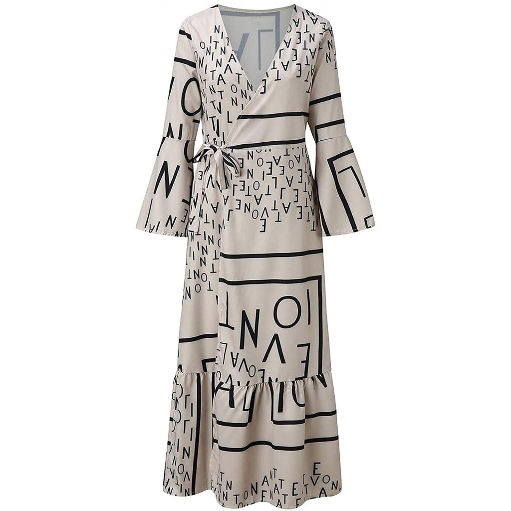 Women's Fashion V-neck Long-Sleeved Print Oversized Strappy Long Dresses