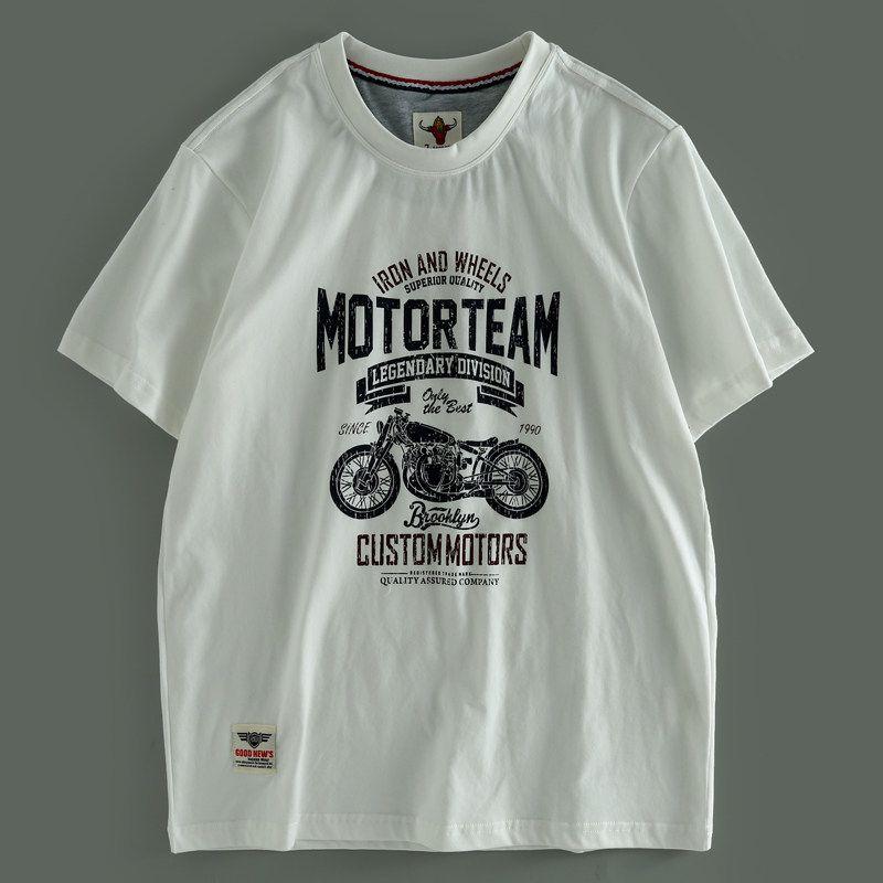Foreign Trade Export Balance Cut the Tag Off Pure Cotton Short Sleeve T-shirt Men Summer Heavy Weight Sanding Retro Locomotive Print Half Sleeve Shirt