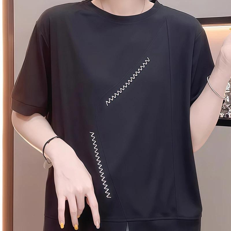 

Pure Cotton White Short-sleeved Summer New Style Fashionable Simple Niche Design Casual Top XL чорний