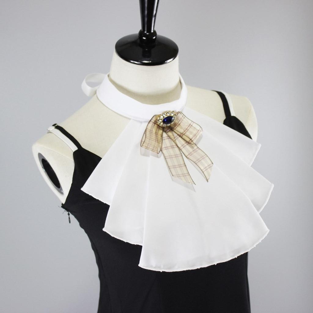 Victorian Steampunk Layer Ruffled Jabot Necktie Japanese JK Fake Collar with Plaid Bowknot Colonial Shirt Front Neckwear
