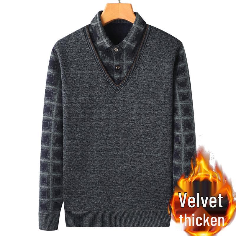 Middle-aged & Elderly Men's Thickened Velvet Knit Sweater Faux Two-Piece