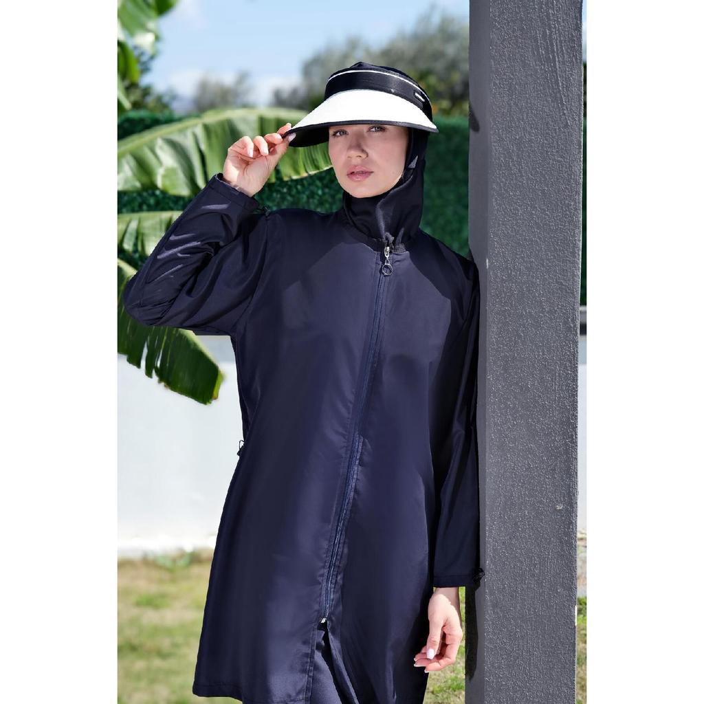 Schwarzer, vollständig bedeckter, wasserabweisender, schnell trocknender Hijab-Badeanzug mit seitlich verstellbarem Reißverschluss