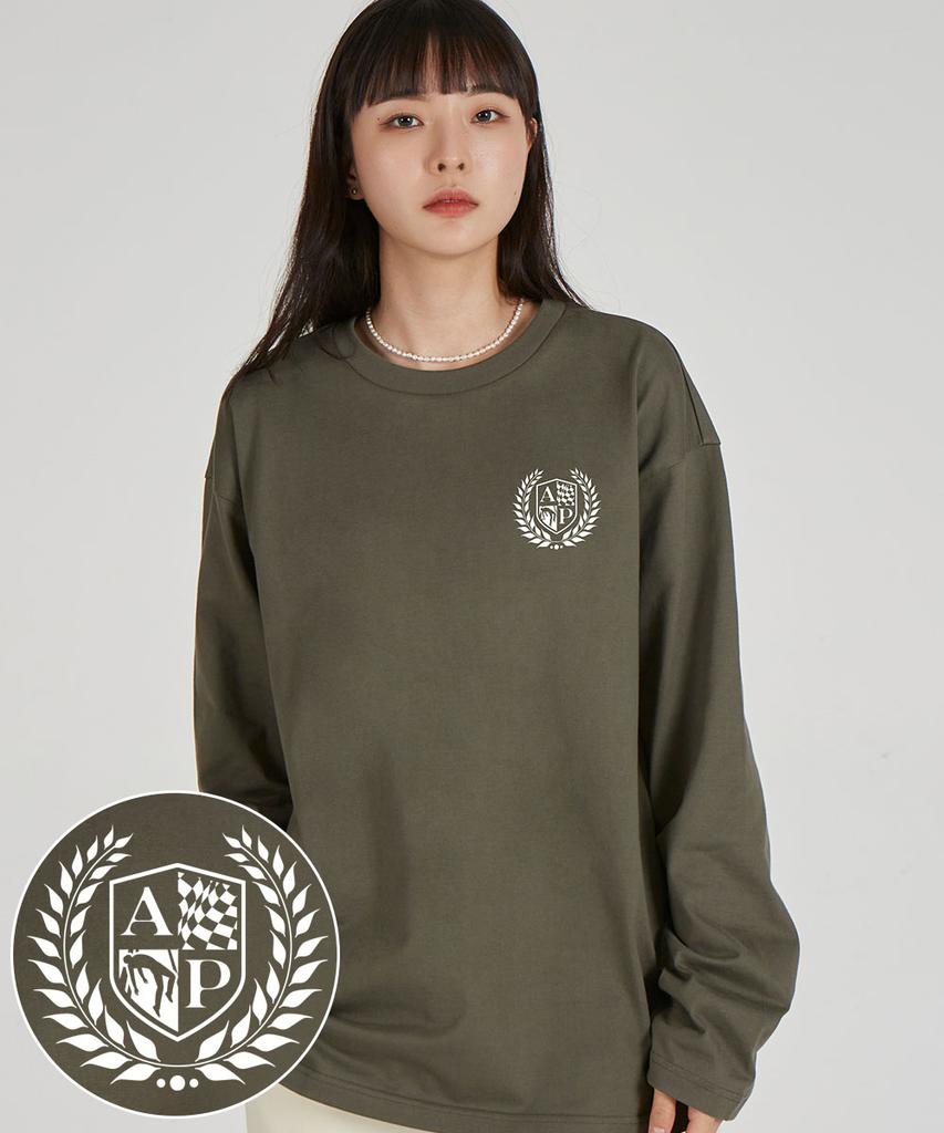 ASTRAL PROJECTION Shield Emblem Round Neck 13-Count Cotton Long Sleeve T-Shirt_Khaki