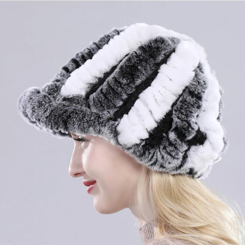 Lady Real Rex Rabbit Fur Hat Winter Knitted Natural Rex Rabbit Fur Caps Russia Women Warm Real Fur Beanies Hats