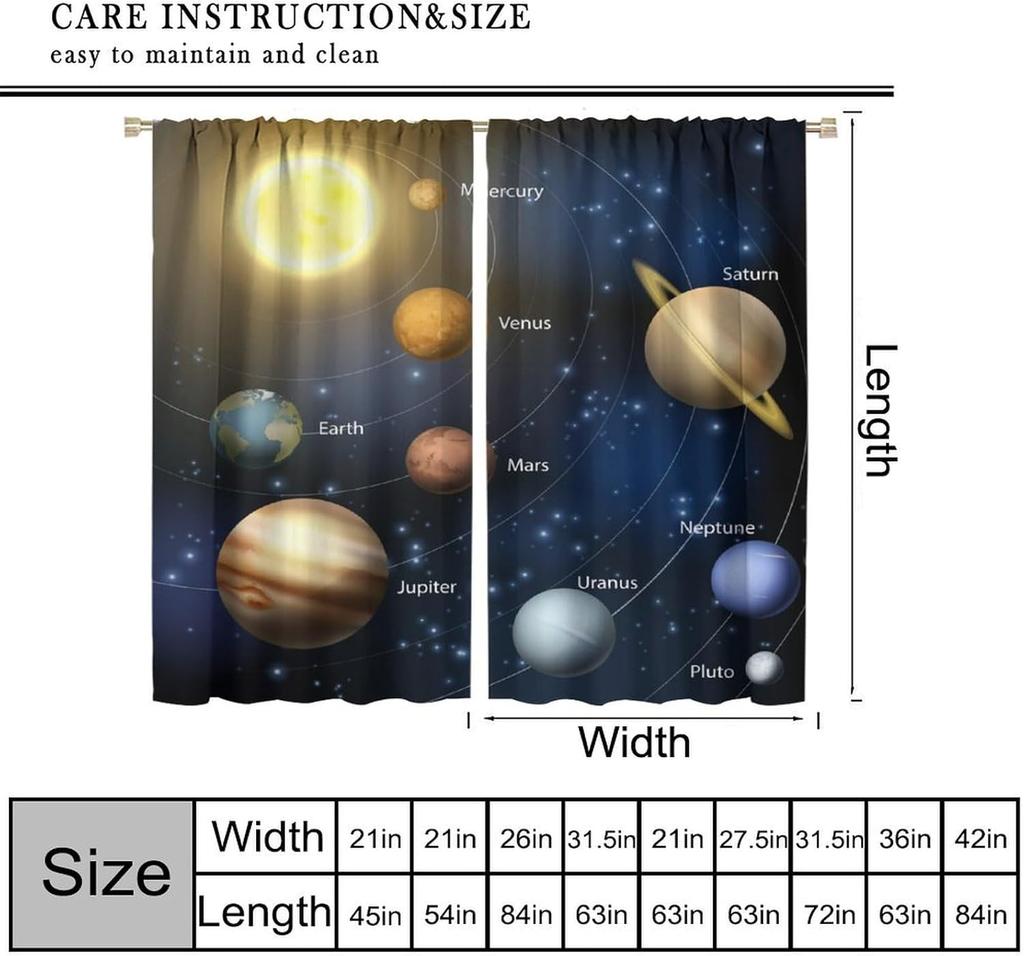 Solar System Window Curtains, Outer Space Space Astronaut Galaxy Window Treatments for Kids Boys Girls Bedroom Living Room
