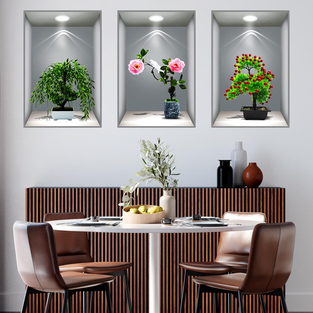 Wei Mo Xiang Green Plant Three-Panel Self-Adhesive Decorative Wall Sticker for Home & Hotel