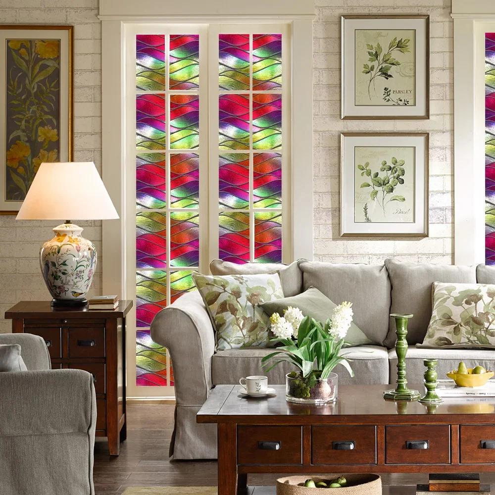 Retro Flowers Colorful Stained Glass Window Film Pattern Non-adhesive Window Decals Static Clings Non-Adhesive Window Stickers