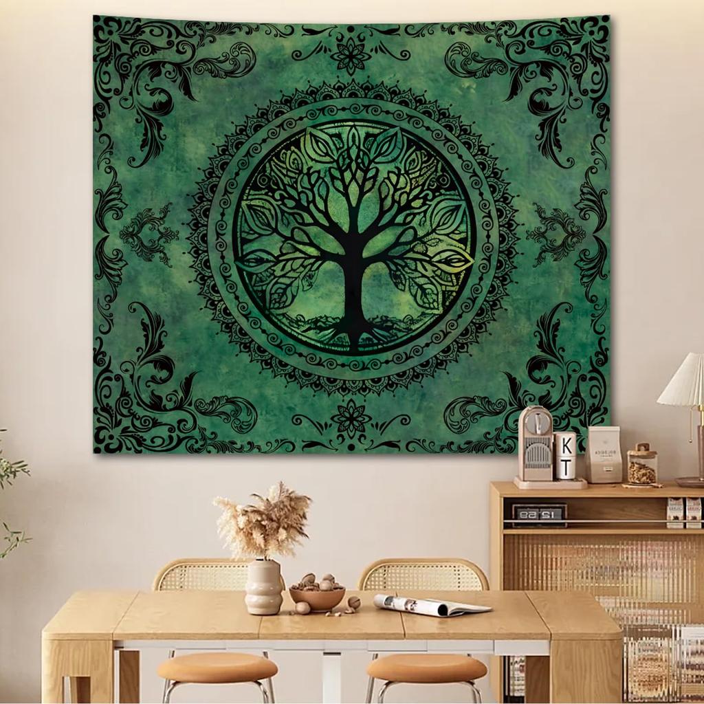 VIKAMA Green Nature Tree of Life Tapestry Boho Hippie Mandala Y2K Wall Hanging Aesthetic CeilingBackdrop Decor for Bedroom
