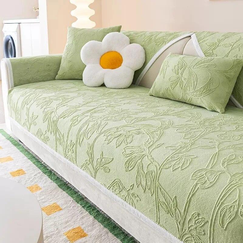 Solid Color Sofa Cover Branches Leaves Jacquard Sofa Cover for Living Room Milk Plush Universal Sofa Mat Non-Slip Couch Cushion