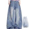 Women American Star Embroidered Wide Leg Jeans Vintage Washed Baggy Curved Cut Denim Pants Fashion Design Loose Streetwear Long Trousers