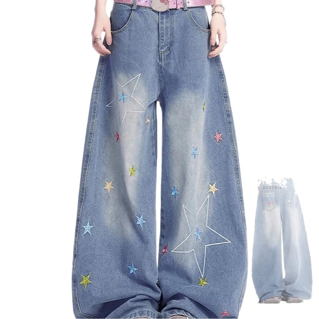 Women American Star Embroidered Wide Leg Jeans Vintage Washed Baggy Curved Cut Denim Pants Fashion Design Loose Streetwear Long Trousers