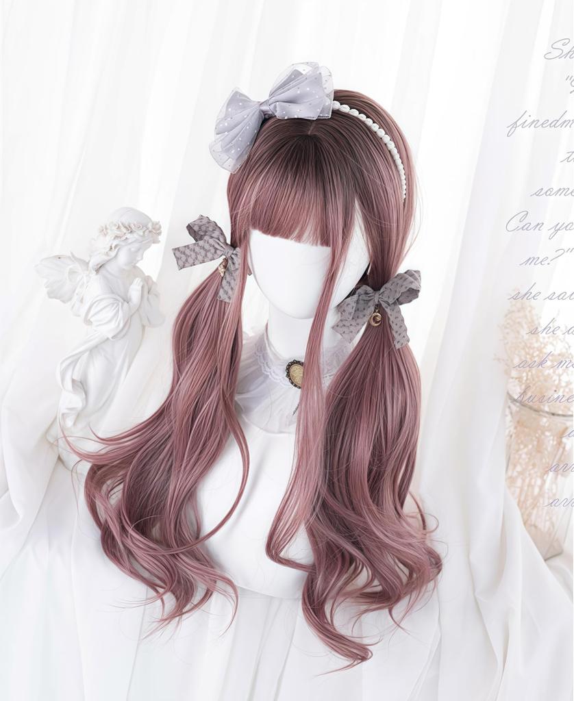 RyuuCos Lolita Wig, Long Hair, Curly, Wavy Hair, Blunt Bangs, Brown Pink Wig, Black Gradient Pink Brown, Natural Look, Harajuku Style, Cosplay, Heat