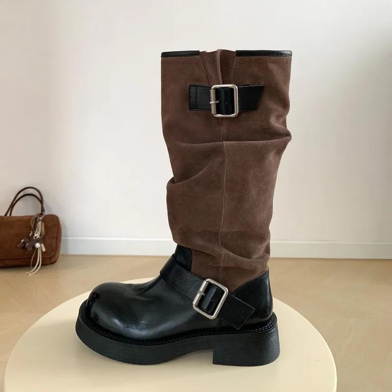 Luxury Splicing Mid Calf Boots Women Fashion Belt Buckle Design Faux Suede Boots Lightweight Non-Slip Round Toe Designer Shoes