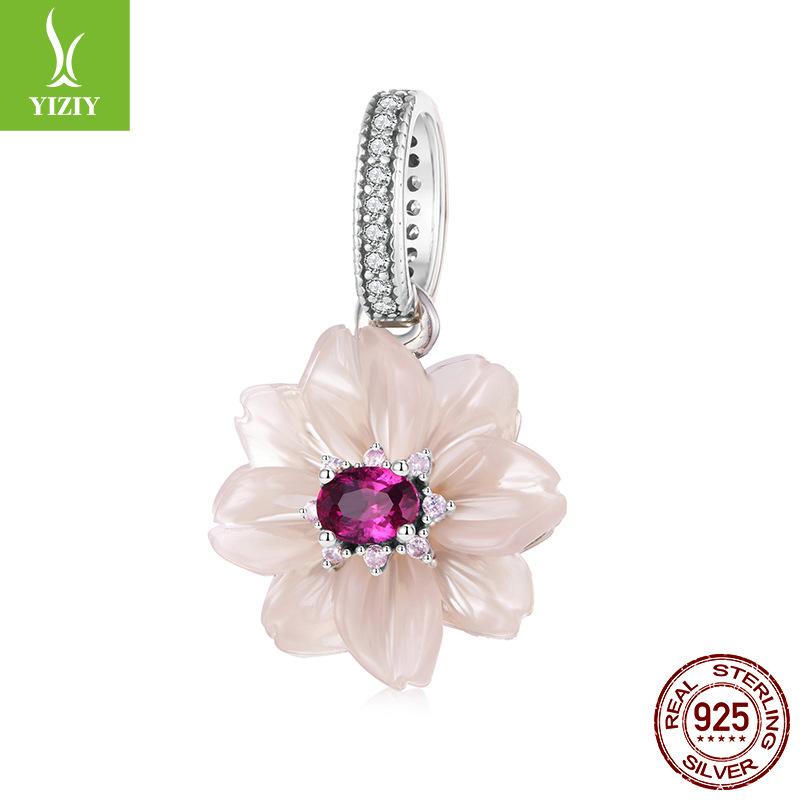 Pink Eternal Flower S925 Sterling Silver Pendant Accessories Romantic Sweet Wind Flower Bracelet Beaded