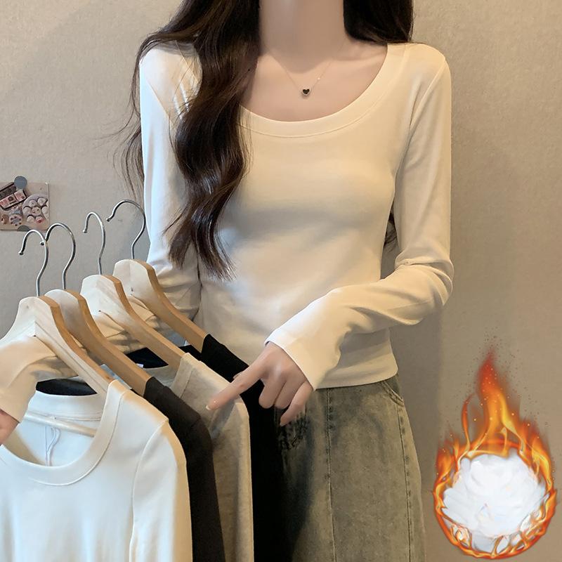 Retro U-ringad långärmad T-shirt för kvinnor höst och vinter ny stor urringning enkel och mångsidig hot girl kort nyckelbensbas-topp