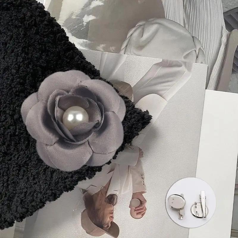 1Pcs French Leather Lapel Pin Corsage Bow Tie Accessory Black And White Plaid Bow Camellia Flower Pearl Tassel Brooch For Women