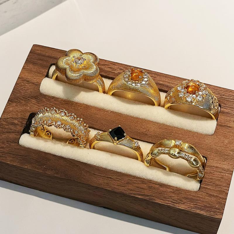 Flower Antique Vintage Brushed Tiger'S Eye Stone Open Ring Niche Retro High-End Accessories Women