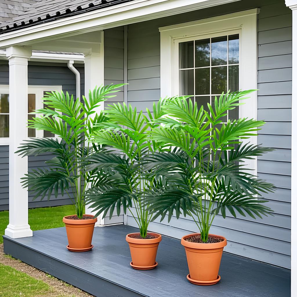 3pcs Outdoor Artificial Green Plants, High Simulation Palm Tree Sets, Indoor/outdoor Use, Excluding Flower Pots.