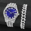 2PCs/Set Men's Fashion Watch Men's Luxury Diamond Studded Steel Belt Quartz Watch with Necklace Set