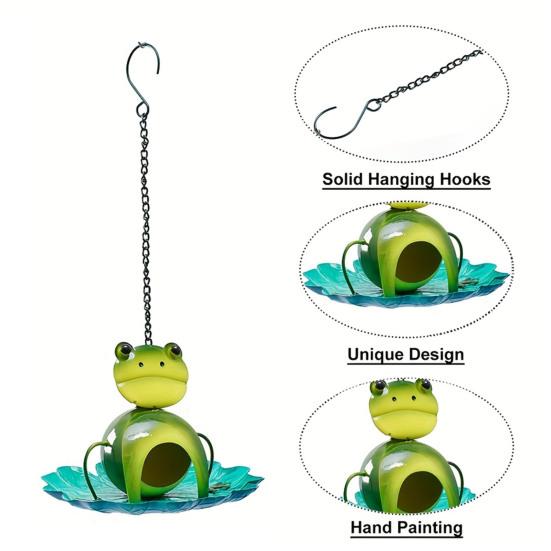Frog Birds Feeder with Detachable Lotus Platform Tray Outside Hanging Metal Birds Feeding Station Outdoor Garden Yard Decoration