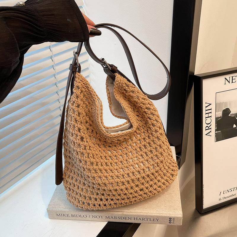 

Нишевая плетеная ажурная сумка женская новая летняя пляжная сумка-тоут для отпуска, повседневная на плечо, мессенджер хаки