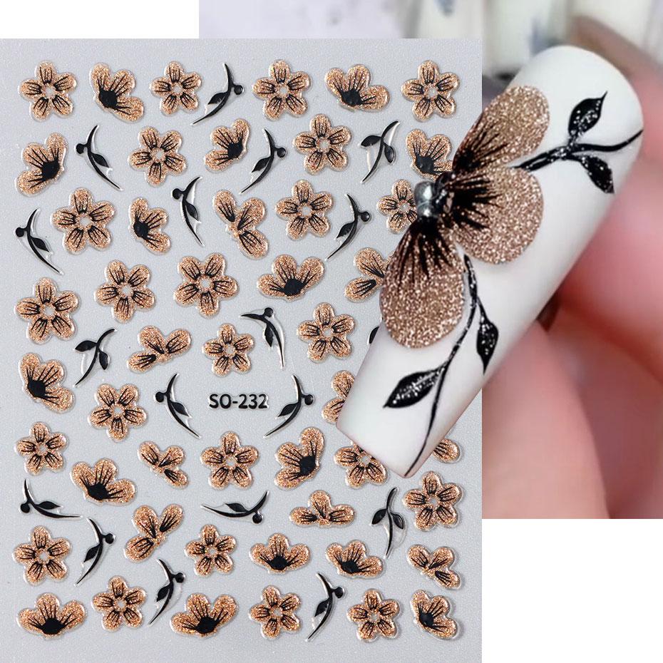 2pc 3D Black Gold Glitter Flower Nail Decal Shiny Petals Leaves Nail Art Sticker Watercolor Daisy Floral Adhesive Manicure Decor