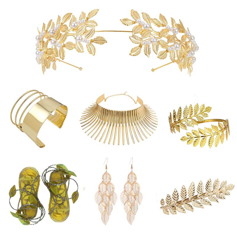 PESENAR Greek Goddess Costume Accessories Set Cleopatra for Women Golden Laurel Leaf Crown Headband Waist Leaf Dangle Earring