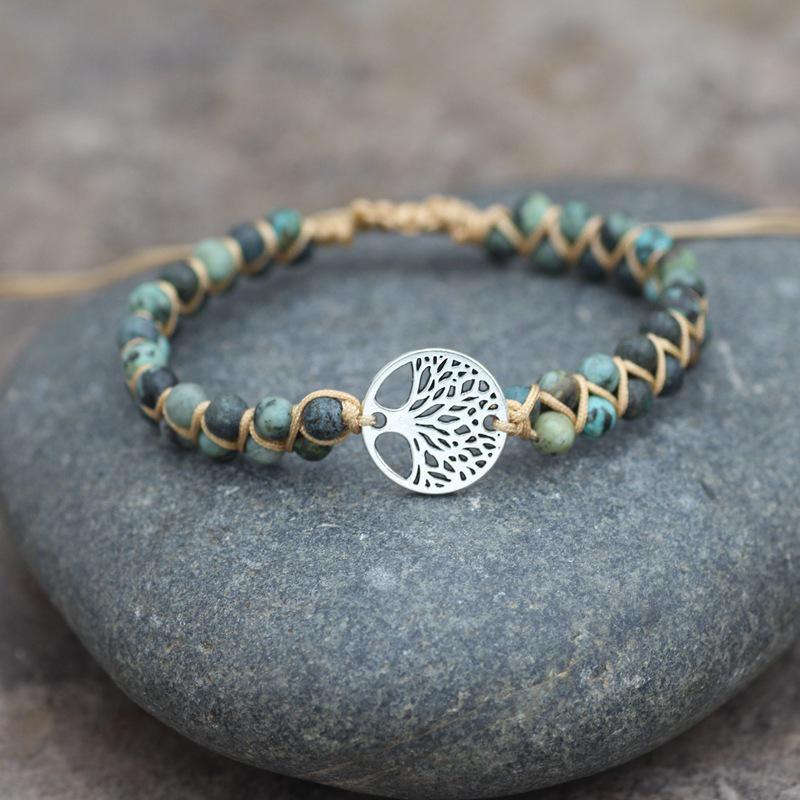 Double-Layer Braided Bracelet with Tree Charm & African Turquoise Beads