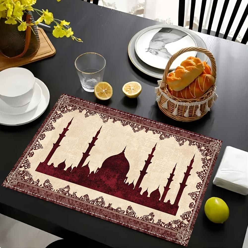 Ramadan Kareen Mubarak Linen Placemats Holiday Party Decor Retro Castle Printed Eid Al-Fitr Dining Table Mats Ramadan Decoration
