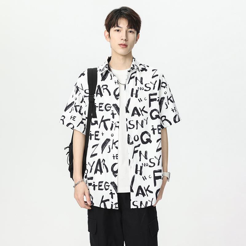 

Мужская оверсайз рубашка с принтом букв, короткий рукав - Черно-белый граффити, повседневная, на пуговицах M