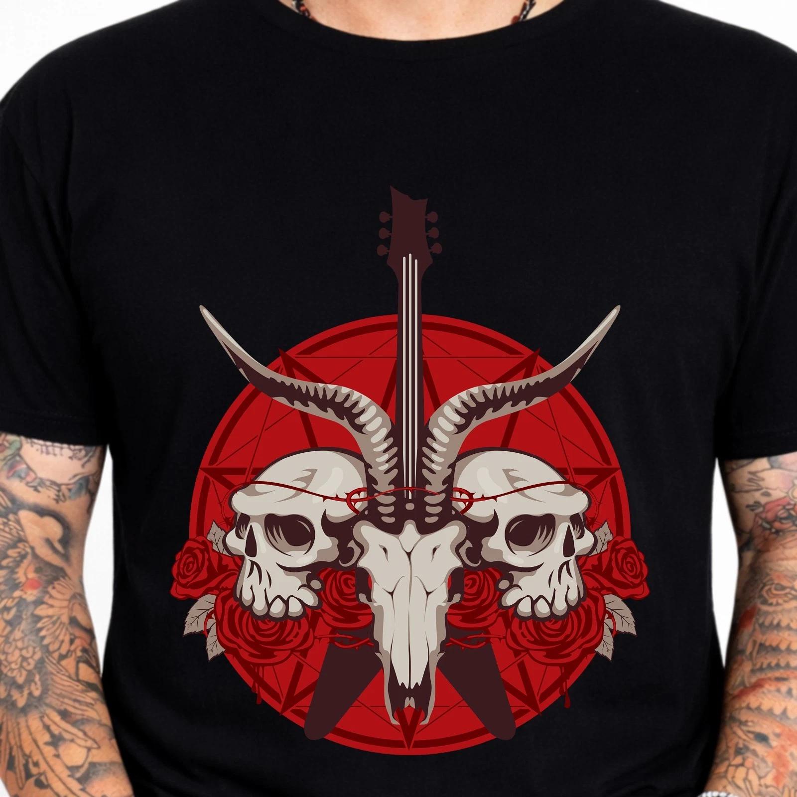 Gothic Skull Horns Guitar Occult Graphic T-Shirt Dark Tattoo Style Art Tee M