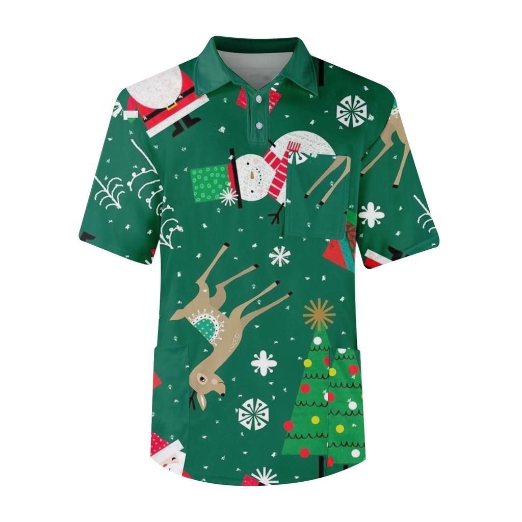 Men's Short Sleeve Button Lapel Christmas Prints Chest Pocket Dry-nurse Top