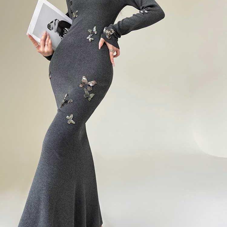 Butterfly Dream Woven Sequin Slim-Fit Mermaid Dress - Women's French Style Knit for Spring/Autumn