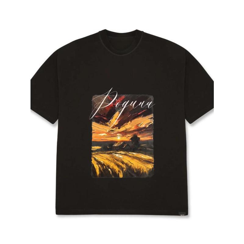 

Oversized T Shirt Black Poguana Sunset Field Print Graphic Tee Unisex Casual Streetwear Top for Men and Women XXXXL