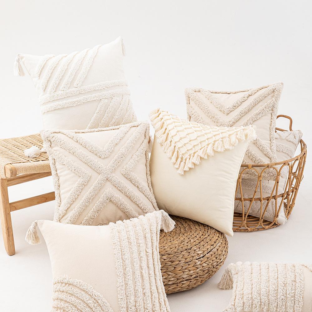 Wasabi Tufted Pillow Case Geometric Embroidered Tassel Sofa Cushion Case Bohemian Bathroom Windows Pillow Premium