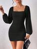 European and American Square Collar Pleated Hip-wrapped Dress, Bubble Long-sleeved Slim-fitting and Thin Spice Girl Skirt