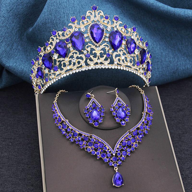 Gorgeous Blue Crown and Necklace Earrings Sets for Brides Prom Large Tiaras Princess Diadem Bridal Dubai Jewelry Set Wedding