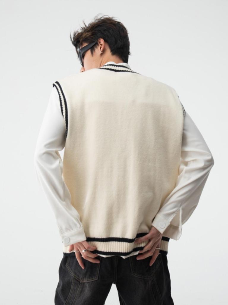 Unisex Retro Japanese Color Block V-neck Knit Vest, Basic Loose Sleeveless Sweater, Versatile Niche Style